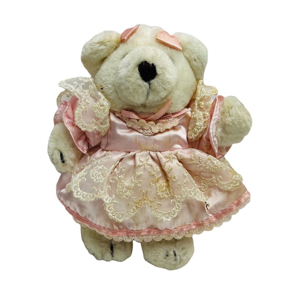 TLToys White Teddy Bear Plush Stuffed Animal Toy Pink Dress Bows Lace Vintage 5”